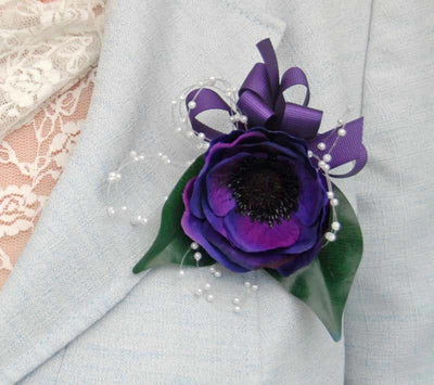 Purple Silk Anemone Pearl Loop Ladies Wedding Pin Corsage
