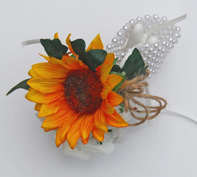 Golden Silk Sunflower, Gyp & Ivory Rose Pearl Band Wrist Corsage