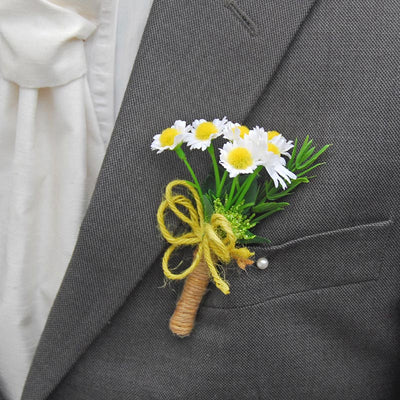White & Yellow Silk Daisy Grooms Wedding Day Buttonhole