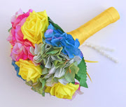 Bridesmaids Yellow Rose, Pink, Green & Blue Silk Hydrangea Wedding Posy