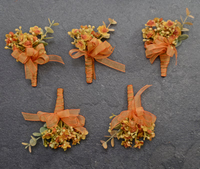 5 Pack Orange Gypsophila Wedding Butttonholes