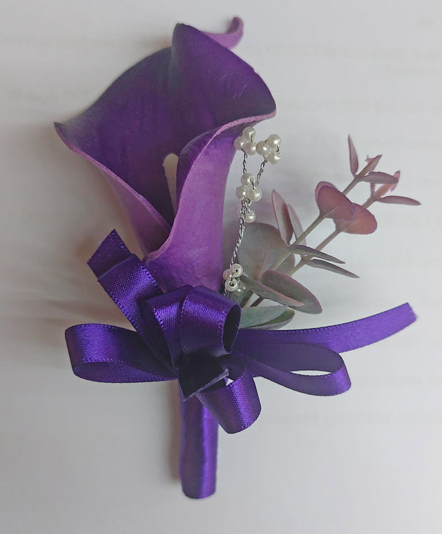 5 Pack Purple Calla Lily Wedding Buttonholes, *Sale Price*
