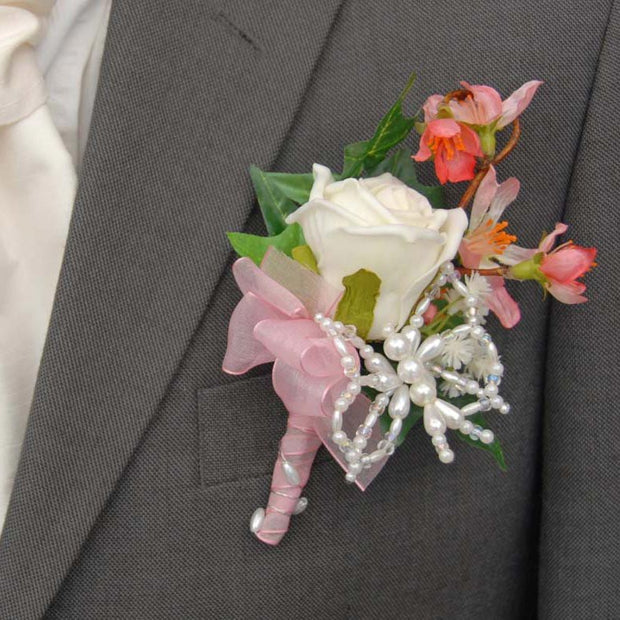 Grooms Bead Butterfly, Ivory Rose & Silk Cherry Blossom Buttonhole