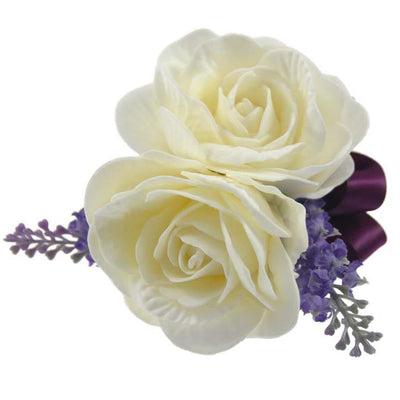 Grooms Double Ivory Foam Rose & Lilac Lavender Wedding Buttonhole