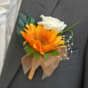 Grooms Golden Yellow Silk Sunflower & Ivory Rose Wedding Buttonhole
