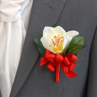 Grooms Ivory Silk Orchid & Red Satin Ribbon Wedding Buttonhole