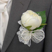 Grooms Ivory Silk Peony with Lace & Bead Bow Wedding Buttonhole