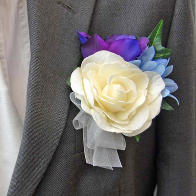 Grooms Ivory Rose, Purple Lisianthus & Blue Silk Agapanthus Buttonhole