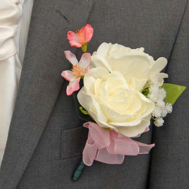 Grooms Double Ivory Rose, Silk Cherry Blossom & Gyp Wedding Buttonhole
