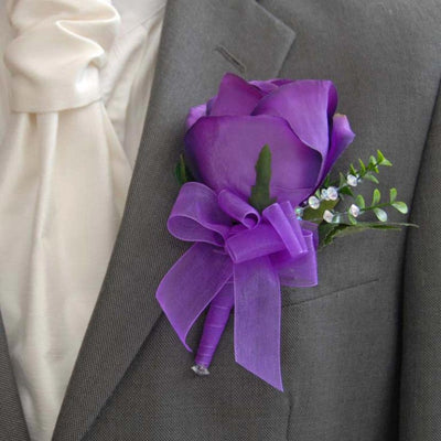Grooms Large Purple Silk Rose, Eucalyptus & Crystal Buttonhole