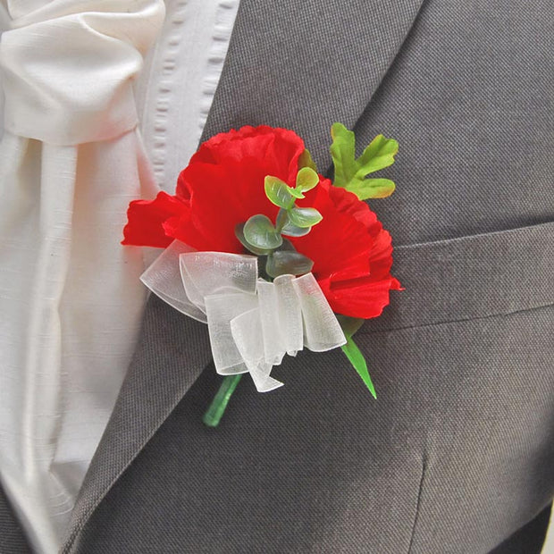 Grooms Double Red silk Poppy & Eucalyptus Wedding Buttonhole