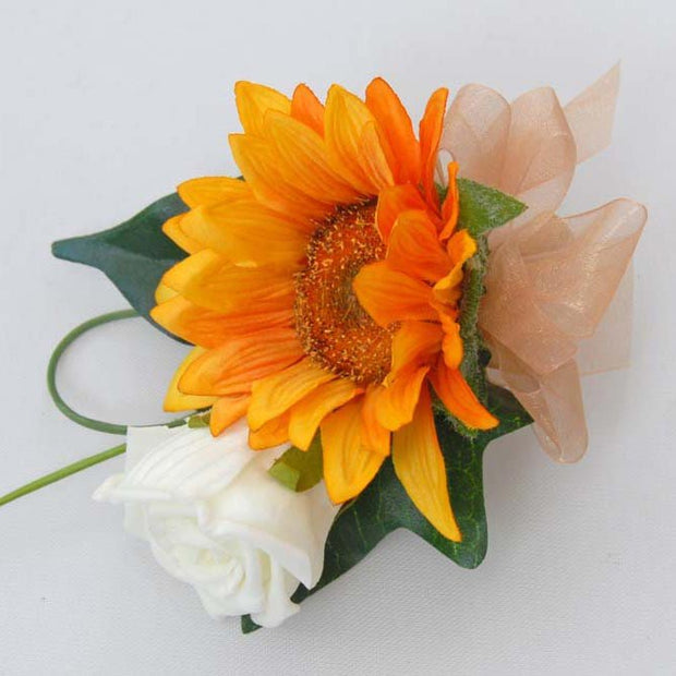 Grooms Golden Silk Sunflower & Ivory Rose Wedding Buttonhole