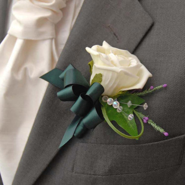 Grooms Ivory Rose. Purple Heather & Crystal Wedding Buttonhole