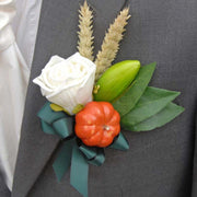 Grooms Pumpkin, Dried Wheat & Ivory Rose Wedding Buttonhole