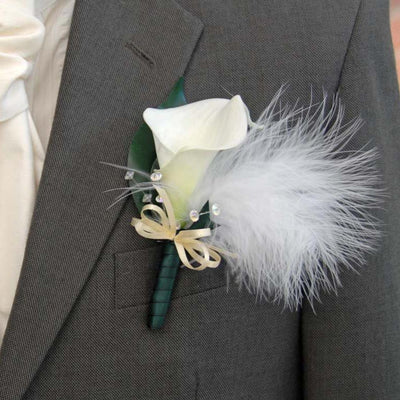 Grooms Ivory Calla Lily, Crystal & Feather Wedding Buttonhole