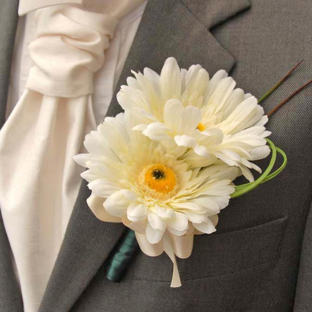 Grooms Double Ivory Silk Gerbera & Grass Loop Wedding Buttonhole
