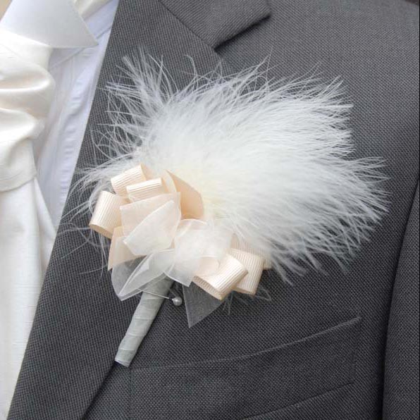 Grooms Ivory Soft Marabout Feather Wedding Buttonhole