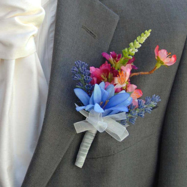 Grooms Silk Agapanthus, Pink Physostegia & Cherry Blossom Buttonhole