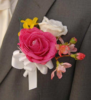Grooms Cerise Pink Rose, Cherry Blossom & Yellow Forsythia Wedding Buttonhole