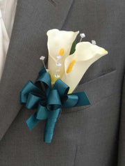 Double Ivory Calla Lily & Crystal Wedding Buttonhole with Green Ribbon