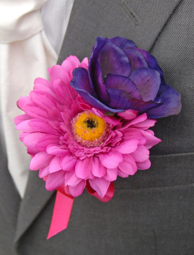 Grooms Cerise Pink Gerbera & Purple Silk Anemone Wedding Buttonhole