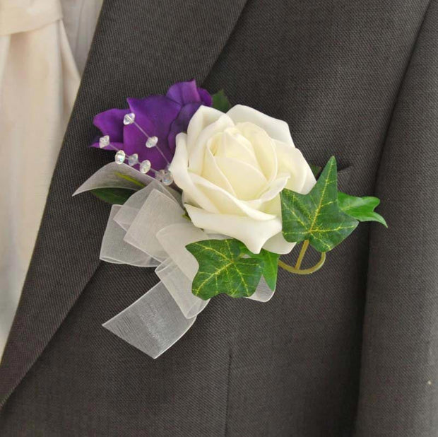 Grooms Purple Silk Lisianthus, Ivory Rose & Crystal Spray Buttonhole