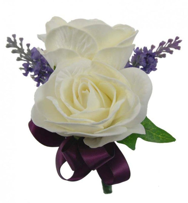 Grooms Double Ivory Foam Rose & Lilac Lavender Wedding Buttonhole