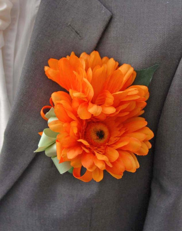 Grooms Double Orange Silk Gerbera Wedding Day Buttonhole