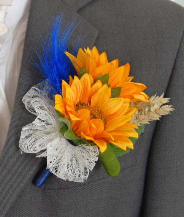 Grooms Double Golden Sunflower, Wheat & Blue Feather Wedding Buttonhole