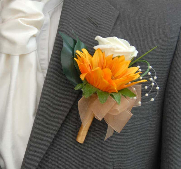 Grooms Golden Yellow Silk Sunflower & Ivory Rose Wedding Buttonhole