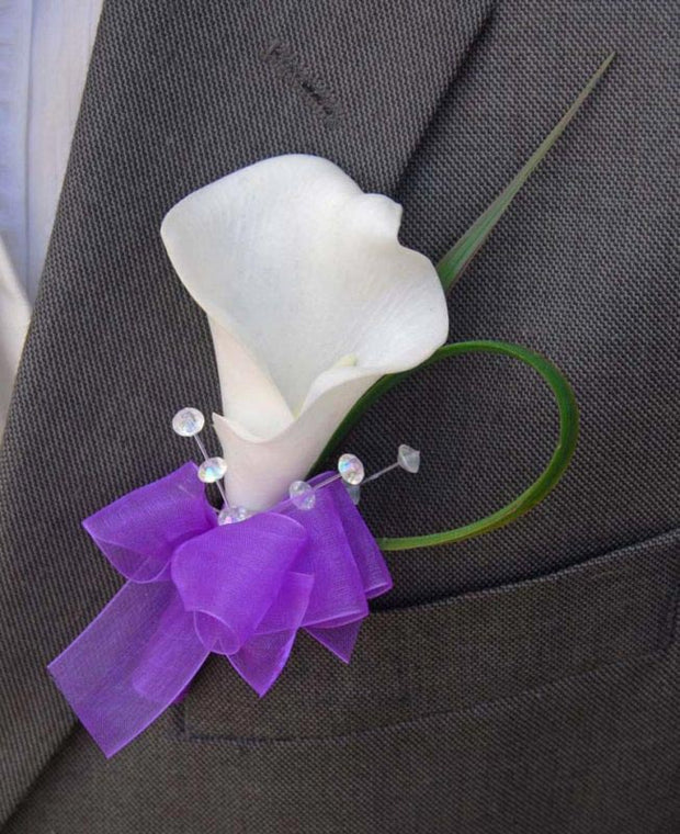 Grooms Ivory Calla Lily & Purple Organza Wedding Buttonhole