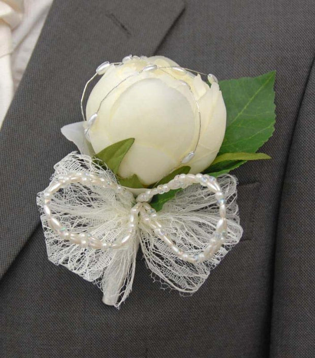 Grooms Ivory Silk Peony with Lace & Bead Bow Wedding Buttonhole