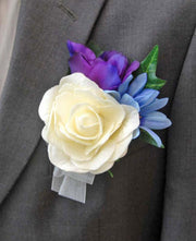 Grooms Ivory Rose, Purple Lisianthus & Blue Silk Agapanthus Buttonhole
