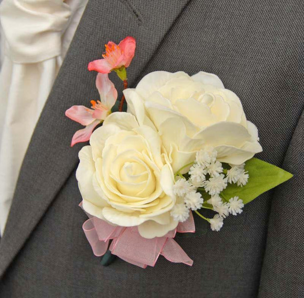Grooms Double Ivory Rose, Silk Cherry Blossom & Gyp Wedding Buttonhole