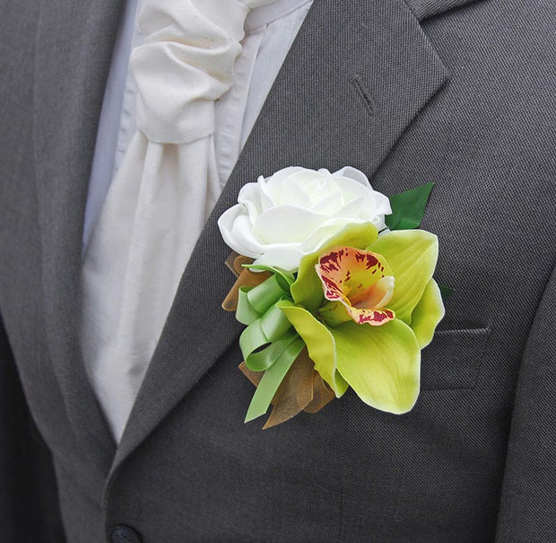 Grooms Green Silk Orchid & Ivory Foam Wedding Buttonhole