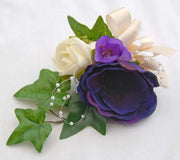 Grooms Purple Silk Anemone, Lilac Freesia & Ivory Rose Buttonhole