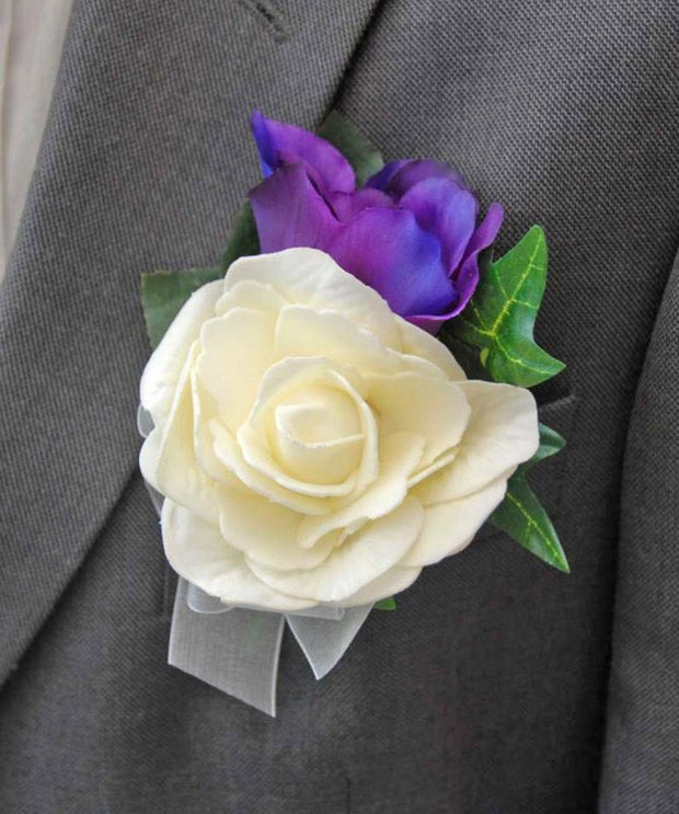 Grooms Purple Silk Lisianthus & Ivory Rose Wedding Buttonhole