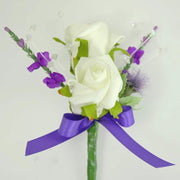 Grooms Double Ivory Rose, Crystal, Thistle & Purple Heather Buttonhole