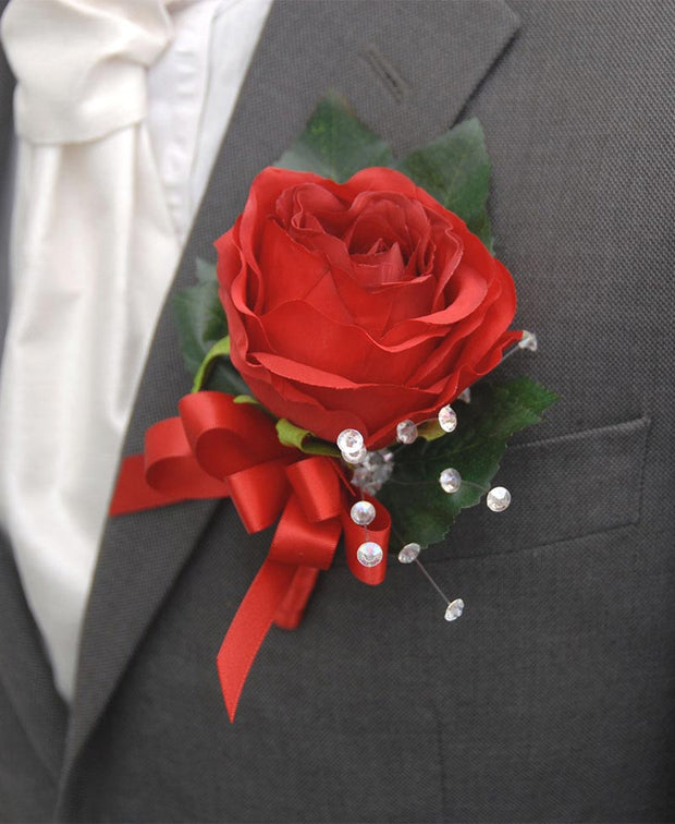 Grooms Large Red Silk Rose Buttonhole with Satin Bow and Crystals