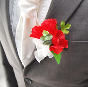 Grooms Double Red silk Poppy & Eucalyptus Wedding Buttonhole