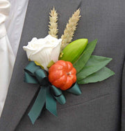 Grooms Pumpkin, Dried Wheat & Ivory Rose Wedding Buttonhole