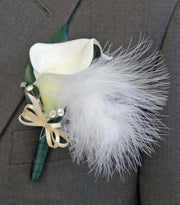 Grooms Ivory Calla Lily, Crystal & Feather Wedding Buttonhole