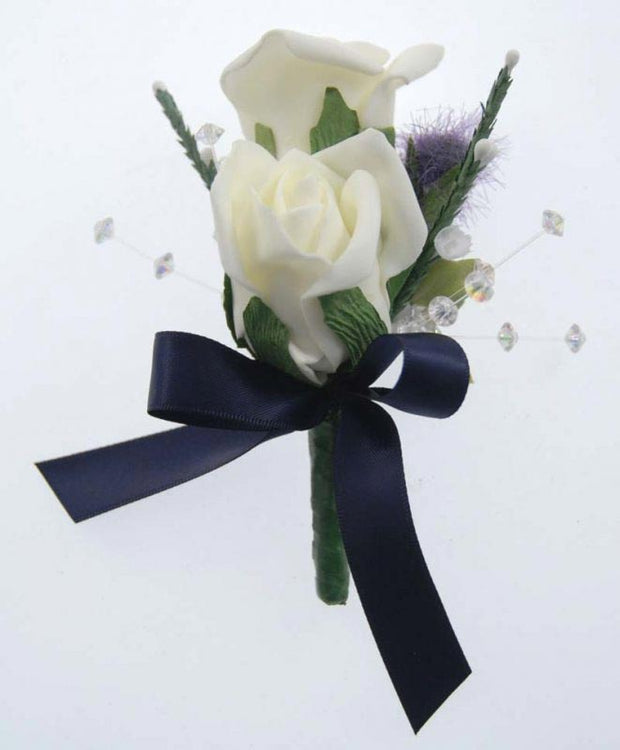 Grooms Double Ivory Rose, Thistle, Heather & Crystal Wedding Buttonhole