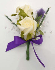Grooms Double Ivory Rose, Thistle, White Heather & Crystal Buttonhole