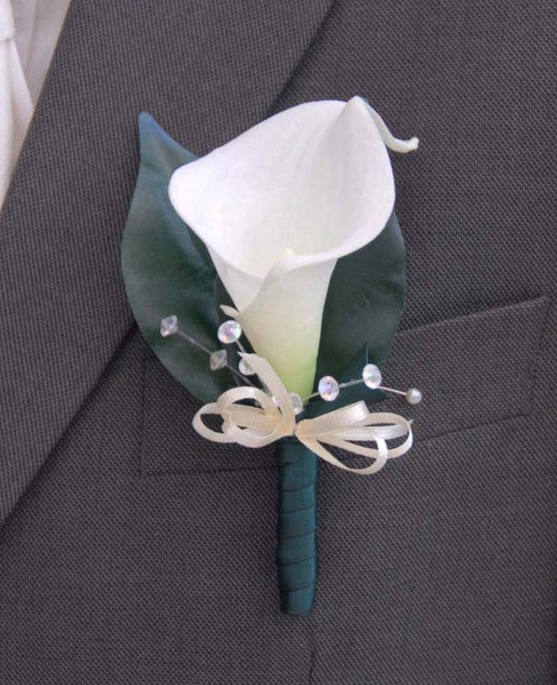 Grooms Ivory Soft Touch Calla Lily & Crystal Wedding Buttonhole