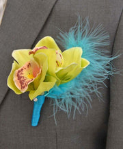 Grooms Apple Green Silk Orchid & Turquoise Feather Buttonhole