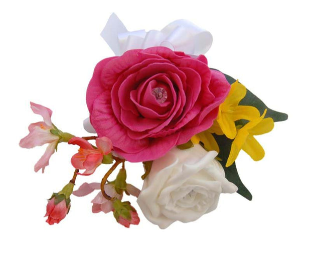 Grooms Cerise Pink Rose, Cherry Blossom & Yellow Forsythia Wedding Buttonhole