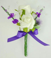 Grooms Double Ivory Rose, Crystal, Thistle & Purple Heather Buttonhole
