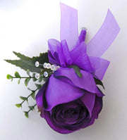 Grooms Large Purple Silk Rose, Eucalyptus & Crystal Buttonhole