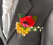 Grooms Red Silk Anemone Yellow Buttercup Wedding Buttonhole